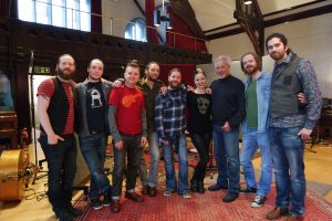 MUSIC ROYALTY: Sligo band Rackhouse Pilfer pictured in the studio with Imelda May (fourth from right) and Tom Jones (third from right) where they recorded songs for Tom's new album "Long Lost Suitcase".