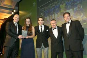 WINNER: Sligoman Declan Lee (centre) of Insight Consultants and Amy Lynch of AVIVA receive an Irish Sponsorship Award from adjudicator Paul Dermody (left) of Leinster Rugby.  Also in the photo are Mark Russell (right) of AVIVA and Dennis Cruise from the FAI.