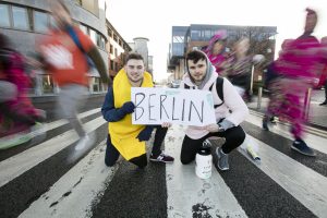 ADVENTURE: DCU students Ryan Feehily (right) from Sligo and Hugh Lennon from Kilenny pictured before departing on their “Beg Borrow Steal” adventure yesterday.  Photo by Andres Poveda.